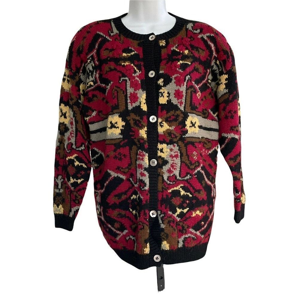 𝅺JAYSON Younger Vintage Cardigan S 100% Wool Sweater Floral Crochet Pockets